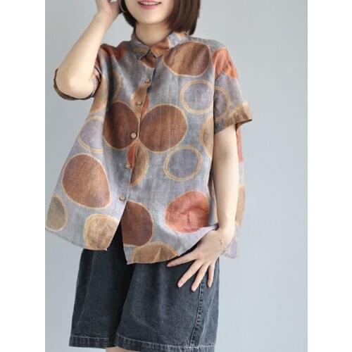 Summer Vintage Retro Polka Dot Printed Linen Shirt Woman Casual Short Sleeve Breathable Literary Mori Girls Blouses Mujer 2021