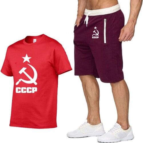 Summer Fashion T Shirts Men CCCP Russian USSR Soviet Union Man Short sleeve Moscow Russia Casual Cotton Mens TShirts+shorts suit