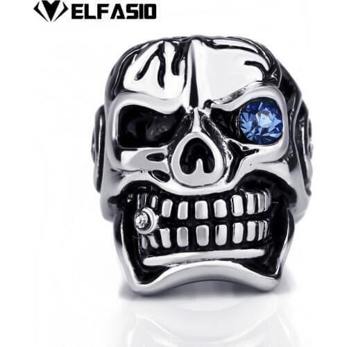 Mens Stainless Steel Ring Silver Huge Skull Blue/Red/Green Eye Cigar CZ Biker Jewelry Us Size 7-15