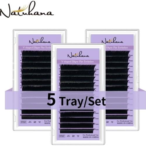 NATUHANA 5Cases/Lot V-shaped Ellipse Flat Mink Eyelash Extension Premade Volume Split Tips Auto-Fans 2D Eyelashes
