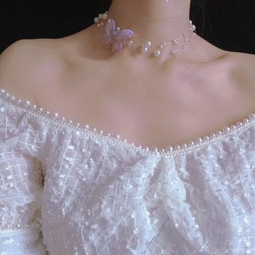 Trendy Romantic Design Pearl Gauze Yarn Butterfly Choker Necklace Women Girl Fashion Elegant Sweet Neck Jewelry Accessories