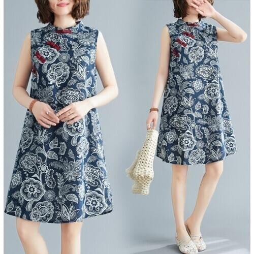 Women Summer Fashion High Quality Cotton Linen Dress China Vintage Style a-Line Sleeveless Cheongsam Office Lady Slim Fit Frocks