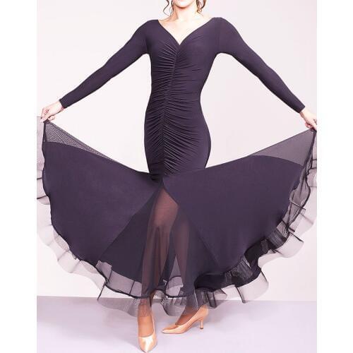 Ballroom dance modern dance dress crinkle V collar long sleeve mesh dress hem W17006