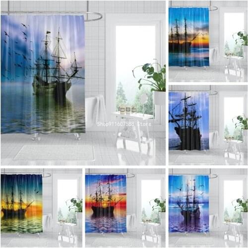 3D Shower Curtain Waterproof Nautical Curtain Boat Ocean Bathroom Decor with Hook Washable Polyester Curtain Sailboat Decor Home