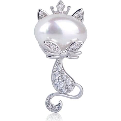 Blucome Fashion Crown Cat Brooch Copper Imitation Pearl Zircon Brooches Pins For Women Girls Clothes Buckles Dress Accessories