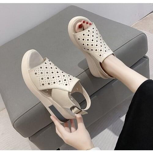 Wedge Sandals Female Summer New Casual Ins Internet Celebrity High Heel Hollow-out Back Strap Muffin Peep Toe Sandals