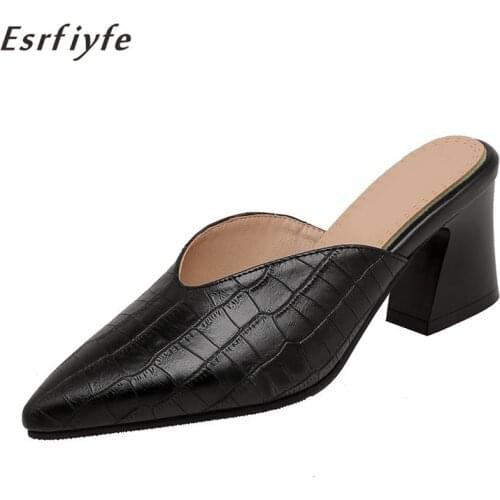 ESRFIYFE 2021 New Summer High Heels Ladies Slippers Solid Mules Pointed Toe Black Stone Grain Women Slip on Flip Flops Shoes