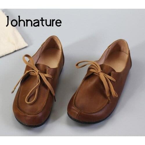 Johnature Flats Women Shoes Lace-Up Spring/Autumn 2021 New Genuine Leather Concise Handmade Retro Mori Style Casual Ladies Shoes