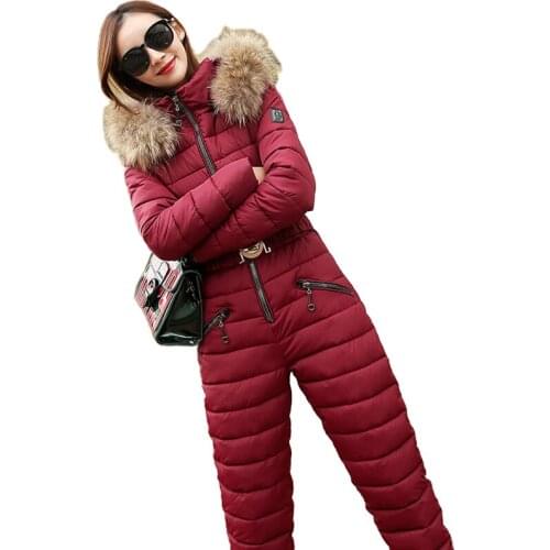 New Winter Hooded Jumpsuits Parka Elegant Cotton Padded Warm Sashes Ski Suit Straight Zipper One Piece Women Casual Tracksuits