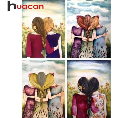 Huacan Diamond Mosaic Cross Stitch Girl Embroidery Sets Back View 5D DIY Diamond Painting Portrait Modular Pictures Home Decor