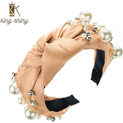 King Shiny Elegant Imitation Pearl Beaded Bowknot Headband Vintage Sparkly Rhinestone Twisted Fabric Hairband Female Party Bezel
