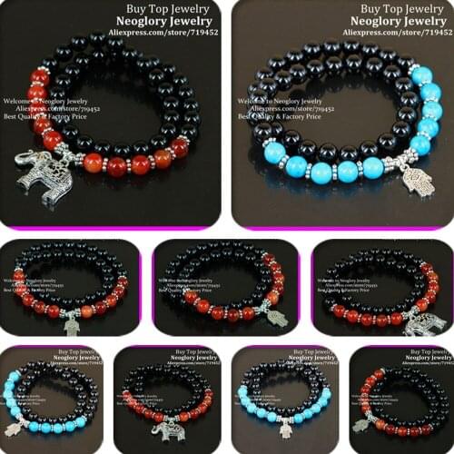5PCS Carnelian With Black Onyx Stone Bead Bracelet,Double Wrap Bracelet Silver Plated Hamsa Hand Charm Bracelet Yoga Bracelet