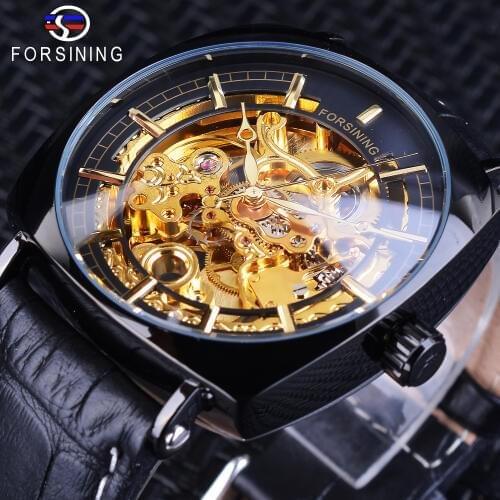 Forsining 2018 Black Golden Watches Unique Square Dial Waterproof Mens Mechanical Skeleton Watches Top Brand Luxury Male Clock