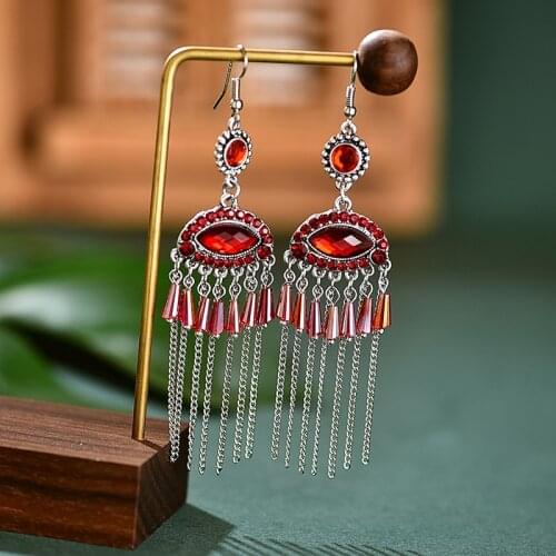 Ethnic Classic Evil Eye Long Silver Color Chian Tassel Dangle Earrings Geometry Boho Crystal Stone