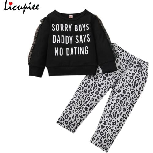 Little Girls Long-sleeved Trousers Suit Unique Letter Print T-shirt and Personality Leopard Long Pants 1-5 Years