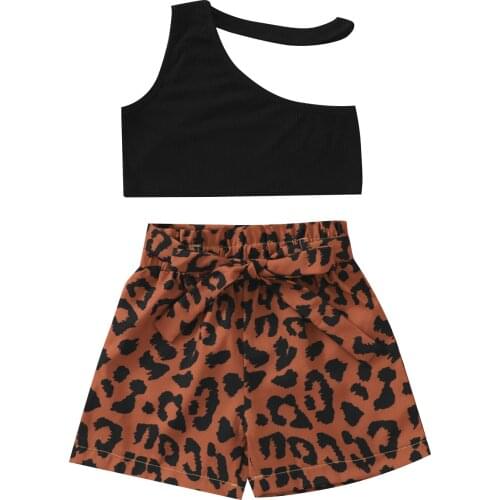 Little Girl’s Vest and Shorts Suit Fashion Solid Color One-shoulder Tops and Leopard Short Pants