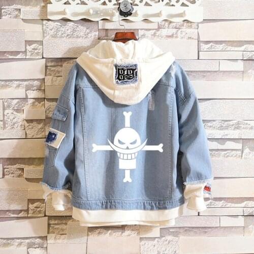 Anime White Beard Pirates Printed Fake 2 Pieces Jacket Cosplay Casual Denim Jacket Autumn Hooded Sweatshirt Unisex Outwear Coat