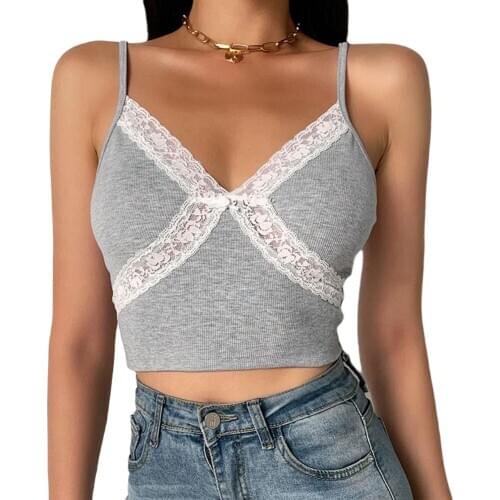 Girls Summer Sexy Camisole Women V-neck Knitted Camis Ladies Fashionable Lace Splicing Backless Short Vests S-L