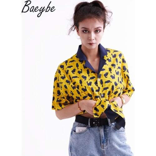 Summer Yellow Cute Cat cartoon anime blouse china tops casual hawaiian button up short sleeve shirt for women party aesthetic