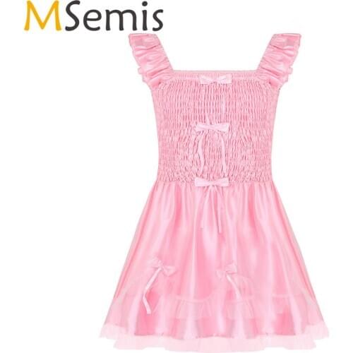 MSemis Mens Satin Sissy Lingerie Sissy Dress for Men Adult Baby Cross Dresser Costume with Ribbon Bows Nightwear Gay Underwear