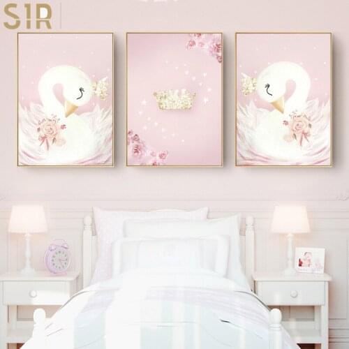 Baby Girl Nursery Wall Art Canvas Painting Pink Swan Cartoon Posters Nordic Kids Decoration Pictures Children Bedroom Decor