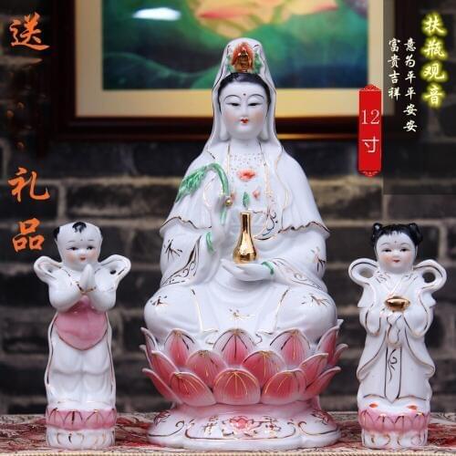Wholesale Buddha figure HOME SHOP Temple Propitious FENG SHUI Guanyin Bodhisattva Buddha + TONGZI maidens color Ceramic statue