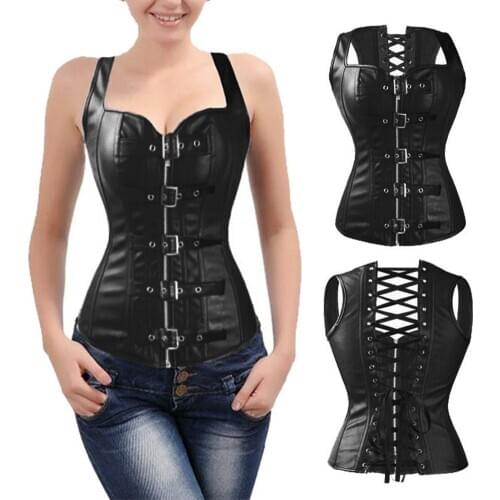 Women Punk Corset Slimming Body Shaper Steel Boned Bandage Bustier Shapewear Solid Black Punk Corsets