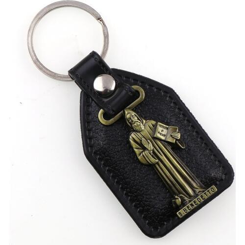 PU Leather KeyChains Saint Benedict pendants for Men Black Tag Antique Bronze Plated Hook Key Holder Car Key Holder