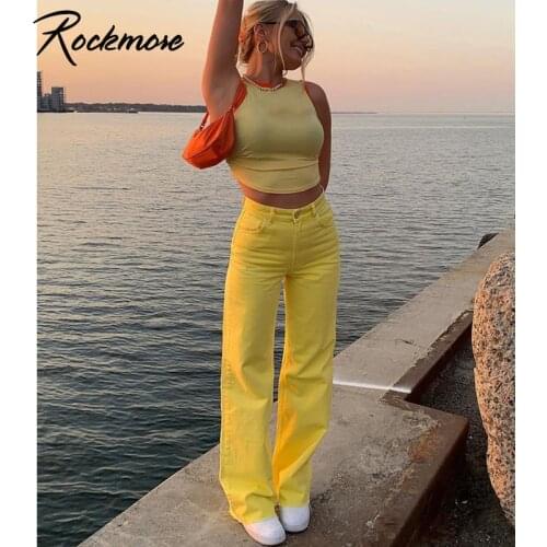 Rockmore Candy Colors Baggy High Waist Jeans Women Cargo Pants Y2K Straight Denim Jeans Harajuku Mom Trousers Capris Joggers New
