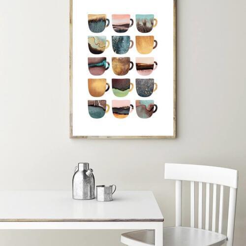 Nordic Coffee Cup Metallic Canvas Painting Cute Geometric Pear Posters Wall Art Pictures For Living Room Dining Room Cafe Decor