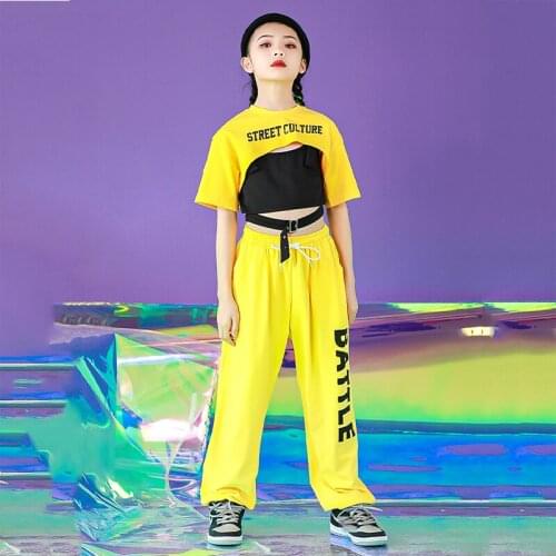 Hip Hop Girls Jazz Dance Practice Clothing Yellow Suit Short Sleeve Tops Hip Hop Outfit Summer Ballroom Dance Costume DNV14573