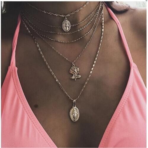 Vintage Boho Gold Coin Layered Necklace For Women rose flower Coin Pearl Moon Chain Long Choker Collar Pendant Necklaces Jewelr