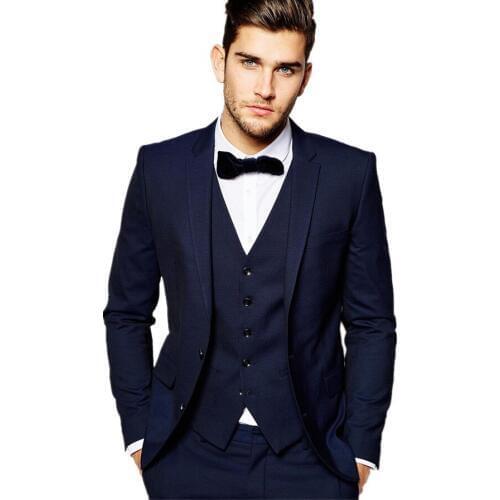 High Quality Two Buttons Navy Blue Groom Tuxedos Notch Lapel Groomsmen Mens Wedding Prom Suits (Jacket+Pants+Vest+Tie) NO:40