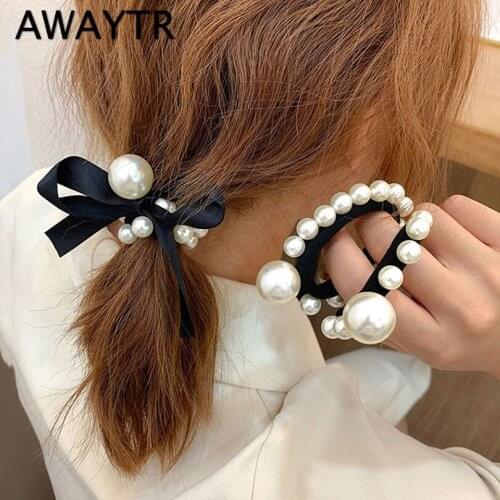 AWAYTR Rubber Band Rope Elastic Girls Scrunchie Ponytail Holder Pearl Beads Women Bow Lace Hair Bands Ties Accessories For Women