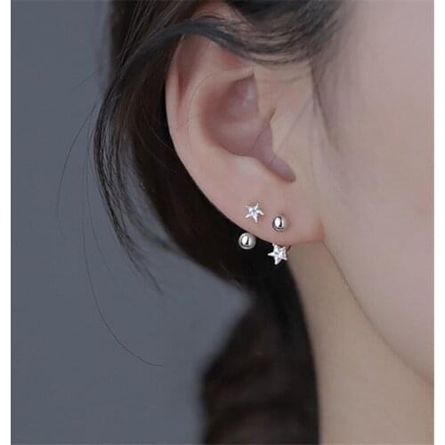 925 Sterling Silver Zircon Star Round Bead Stud Earrings For Women Girls Party Jewelry Accessories eh089
