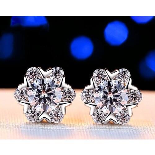 Luxury Crystal Female Snowflake Stud Earrings Real 925 Sterling Silver Wedding Earring Double Zircon Stone Earrings For Women