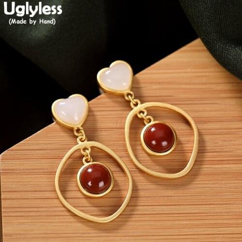 Uglyless Heart-shape Jade Earrings for Women Irregular Round Circles Dangle Earrings 925 Silver Agate Gemstones Jewelry Golden