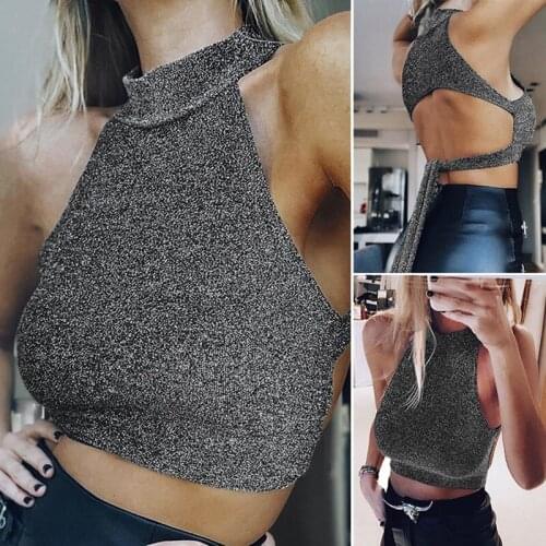 Womens Sleeveless Backless Bright Silk Lace-Up Short Bottoming Tube Top Gray
