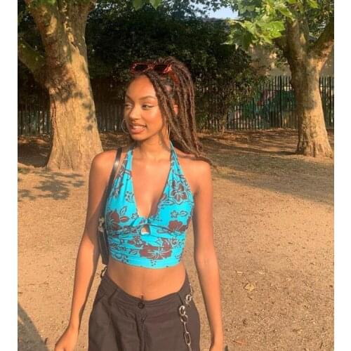 New Women Chic Sexy Halter Crop Tank Tops Bohemian Sleeveless Floral Print Tie Knot Front Cutout Casual Camisole Blue S M L