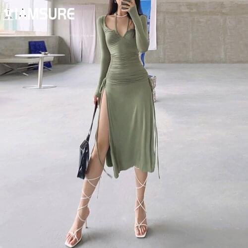 IAMSURE Split Drawstring Bodycon Dress Sexy Slim Solid Long Sleeve Halter Midi Dresses For Women 2021 Elegant Fashion Ladies
