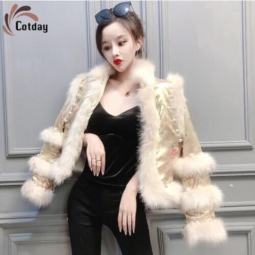 Cotday Vintage 2020 New Autumn And Winter Design Versatile Heavy Industry Palace Embroidery Chinese Style Women Thick Fur Coat