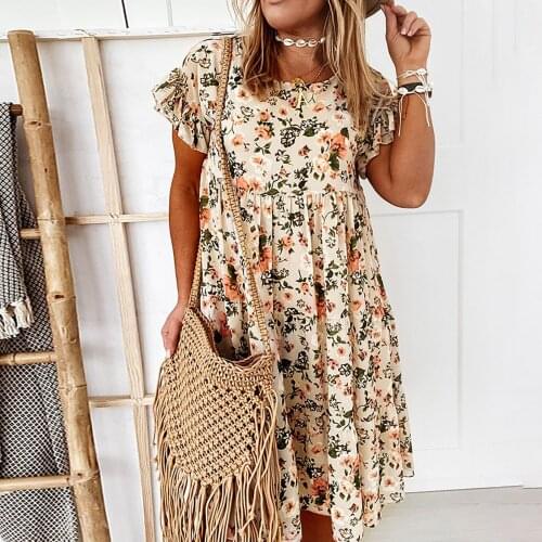 Fashion Floral Dress Womens Summer O-neck Dress Beach Floral Print Ruffles Casual Dress Vestidos De Mujer Casual