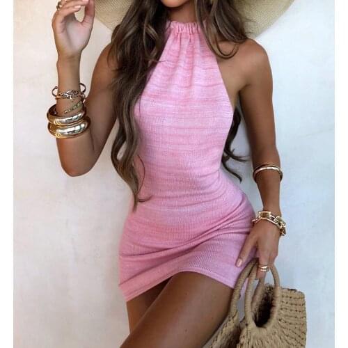 Wsevypo Sexy Backless Knitted Short Dress Womens Halter Tie Up Bodycon Sundress Party Club Wear Lady Slim Mini Pencil Dress