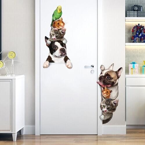 3D Cartoon Animals Wall sticker Cats Dogs Mouse Birds Door Stickers Home Decor Funny Kids Room Decor Vinyl Backgrounds