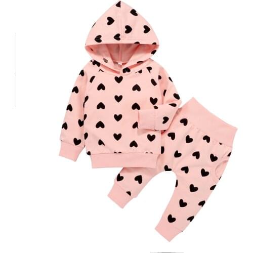 Newborn Infant Baby Girls Clothes Little Girl Set Heart Print Hooded Tops Sweater+Pants Outfit 6 12 18 24 Months ropa bebe niña