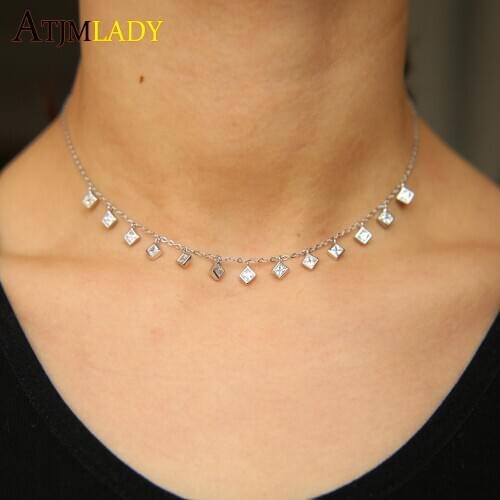 100% 925 real silver short Necklace drip square charm link cz chain boho layer choker necklace for valentines delicate dainty