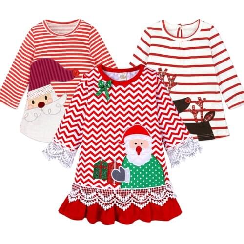 Cute Cartoon Santa Long Sleeve Kids Dresses For Girls Christmas Dress Sweet Lace Party Princess Dress 1-6 Year Baby Girl Clothes