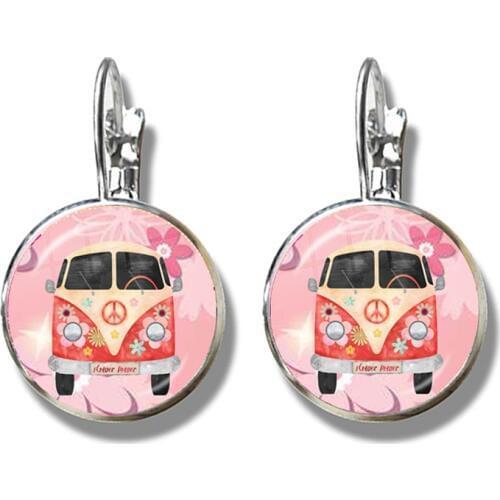 New Design Peace Sign Van Bus Earrings Fashion Silver Color Glass Cabochon Hippie Car Badge Ear Stud Jewelry For Women Gift