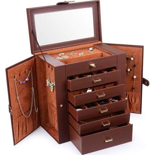 Jewelry Box Organizer Functional Huge Lockable, Leather Jewelry Storage Case for Women Girls Organizer with Mirror Brown