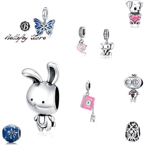 Bellafay Customed Rabbit Charms Real 925 Sterling Silver Beads Butterfly Pendants Fits Original Bracelet Bangle DIY Jewelry